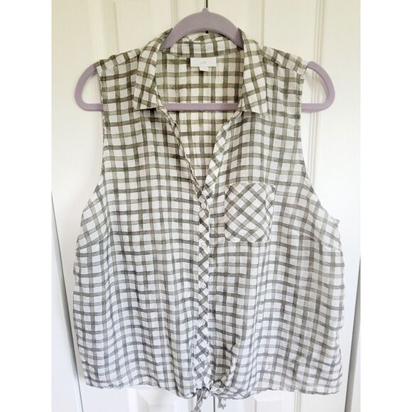 J. Jill XL Cotton Silk Blend Button Up Tie Front Sleeveless Top Green Sleeveless - Picture 1 of 7